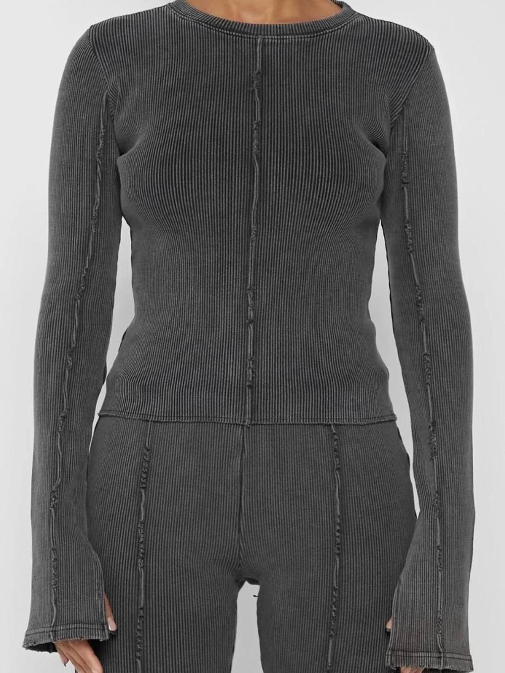 Maniere de Voir Ribbed Slim Fit Top Blouse/Shirt Gray Distressed Asymmetric S-M